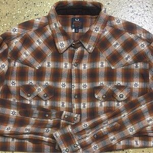 Moon Shine Flannel Shirt Southwestern Snap Button Long Sleeve Size Large Brown